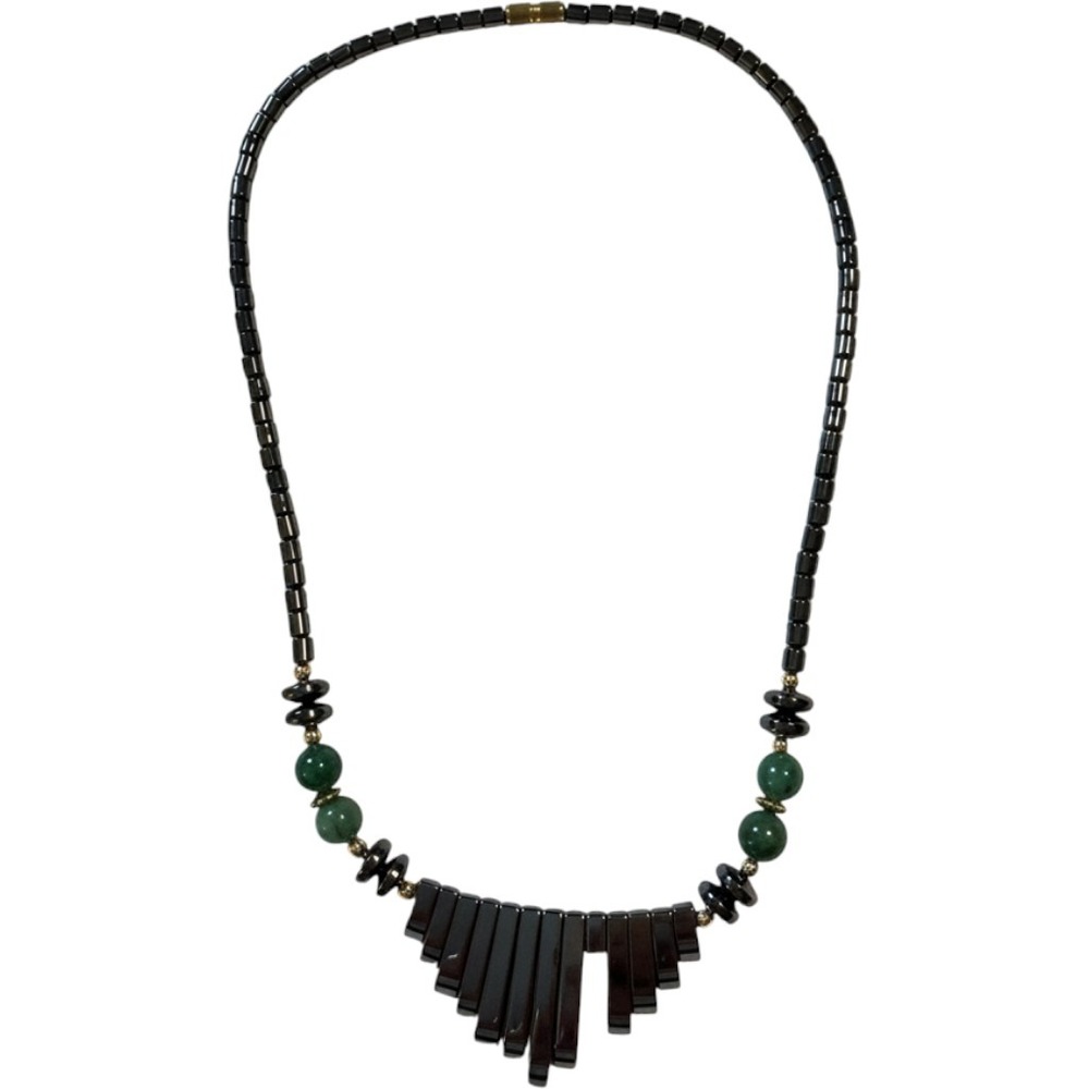 Vintage Hematite and Green Jade Bead Necklace Geometric Bib Barrel Clasp 17"